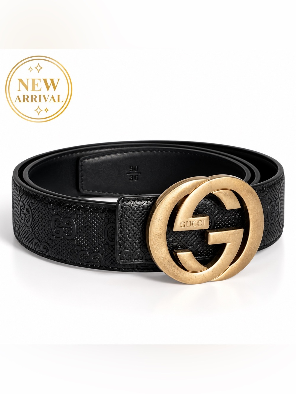 🖤 Men’s Elegant Black Monogram Belt with Gold Buckle 🖤